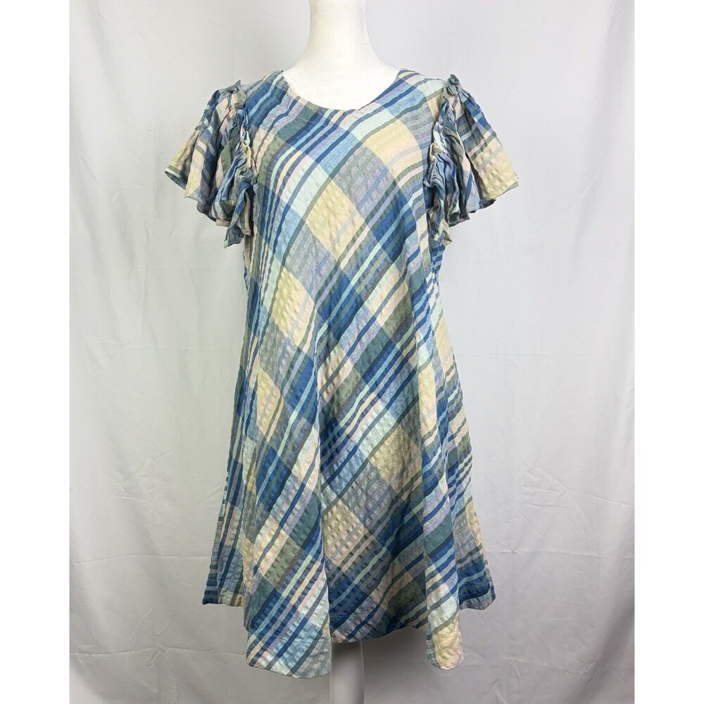 Free People Yara Madras Mini Dress Sz Medium Blue Plaid Ruffled Sleeve Boho EUC